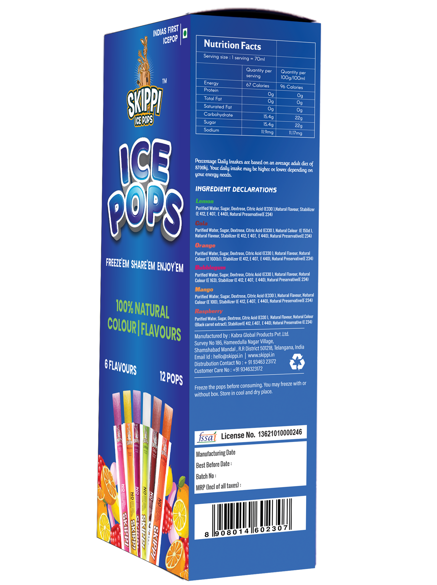 All Flavor Box of Skippi Natural Ice Pops, Pack of 12 Freezer pops of 70ML each.