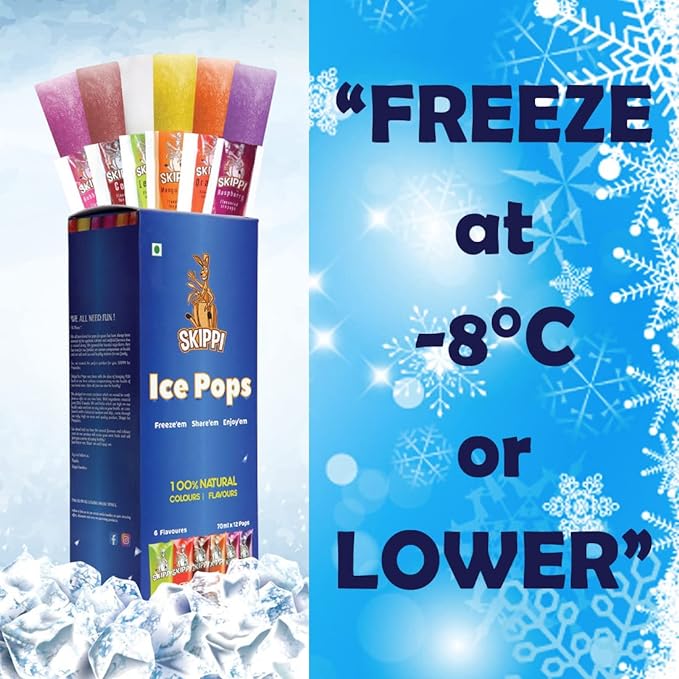 All Flavor Box of Skippi Natural Ice Pops, Pack of 12 Freezer pops of 70ML each.