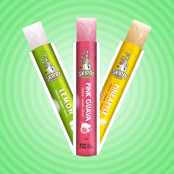 Green small box of Pink Guava,Lemon and Pineapple Flavor small pack of 12 Skippi Ice pops of 32 ml, 4 sets of 3 flavors