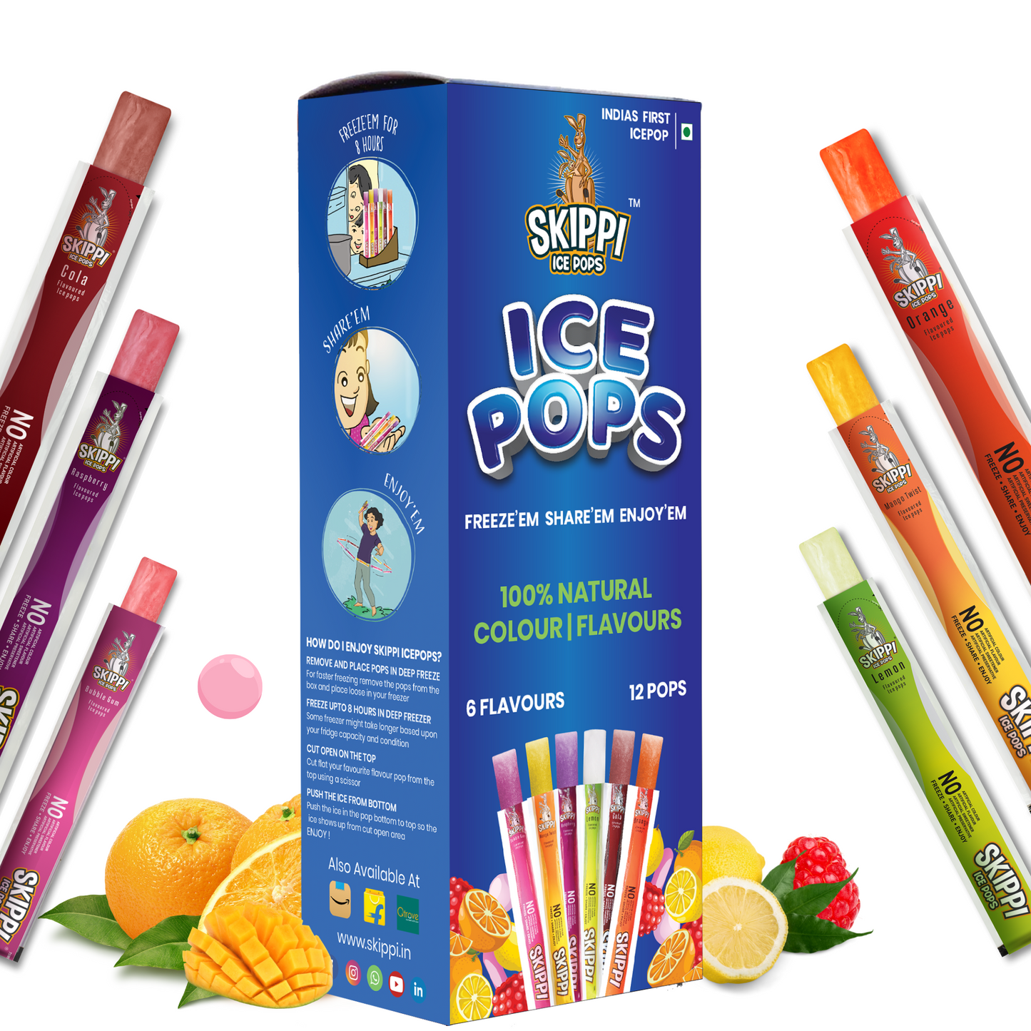 All Flavor Box of Skippi Natural Ice Pops, Pack of 12 Freezer pops of 70ML each.