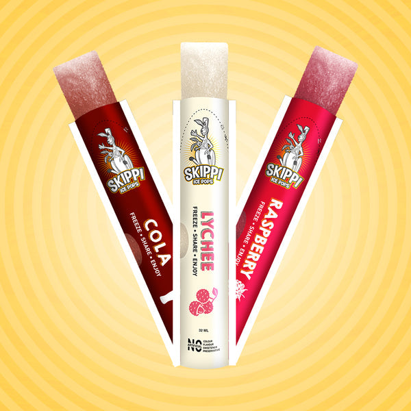 Yellow box of Cola, Lychee, Raspberry Flavor small pack of 12 Skippi Natural Ice Pops of 32 ml 4 sets of 3 flavors