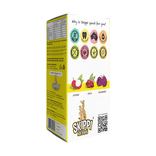 Yellow box of Cola, Lychee, Raspberry Flavor small pack of 12 Skippi Natural Ice Pops of 32 ml 4 sets of 3 flavors